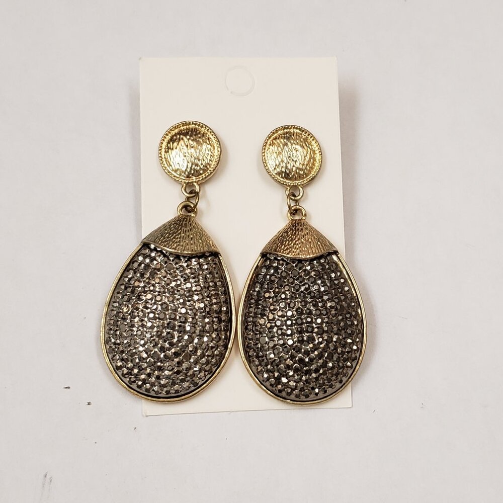Brushed hammered gold tone, vintage, gunmetal, grey silver rhinestone earrings